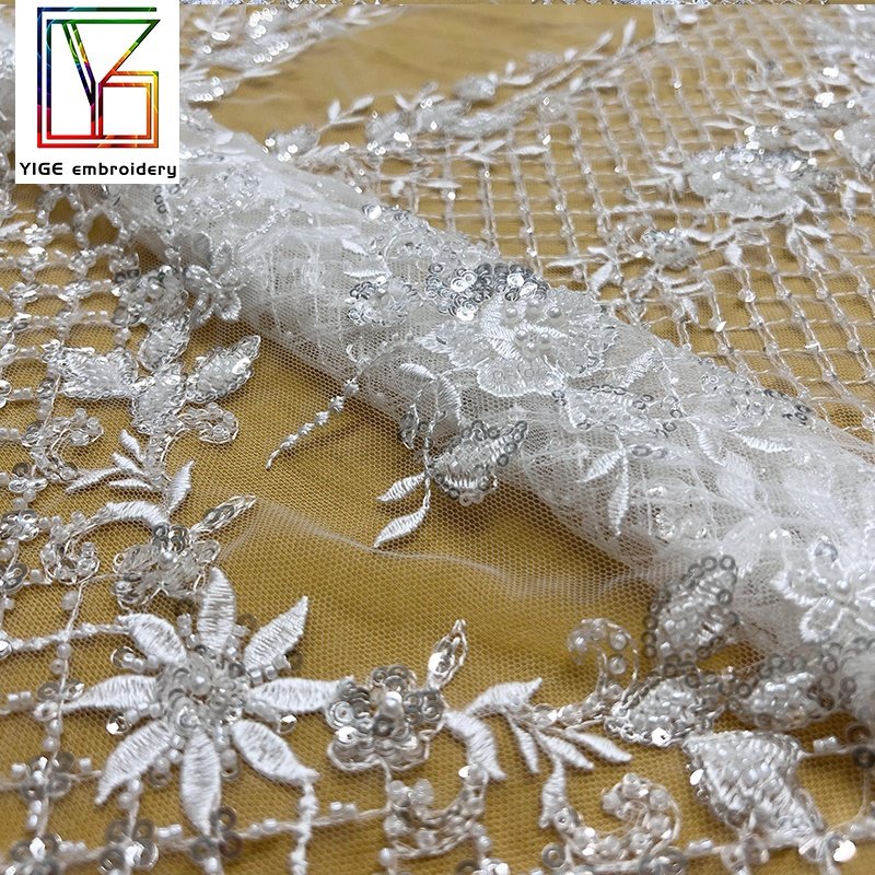 luxury french beads sequins fabric bridal white embroidery pearl lace weddings tulle dress beaded lace sequin fabric