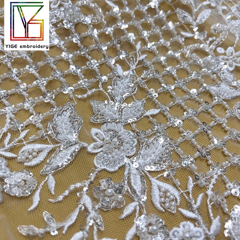 luxury french beads sequins fabric bridal white embroidery pearl lace weddings tulle dress beaded lace sequin fabric