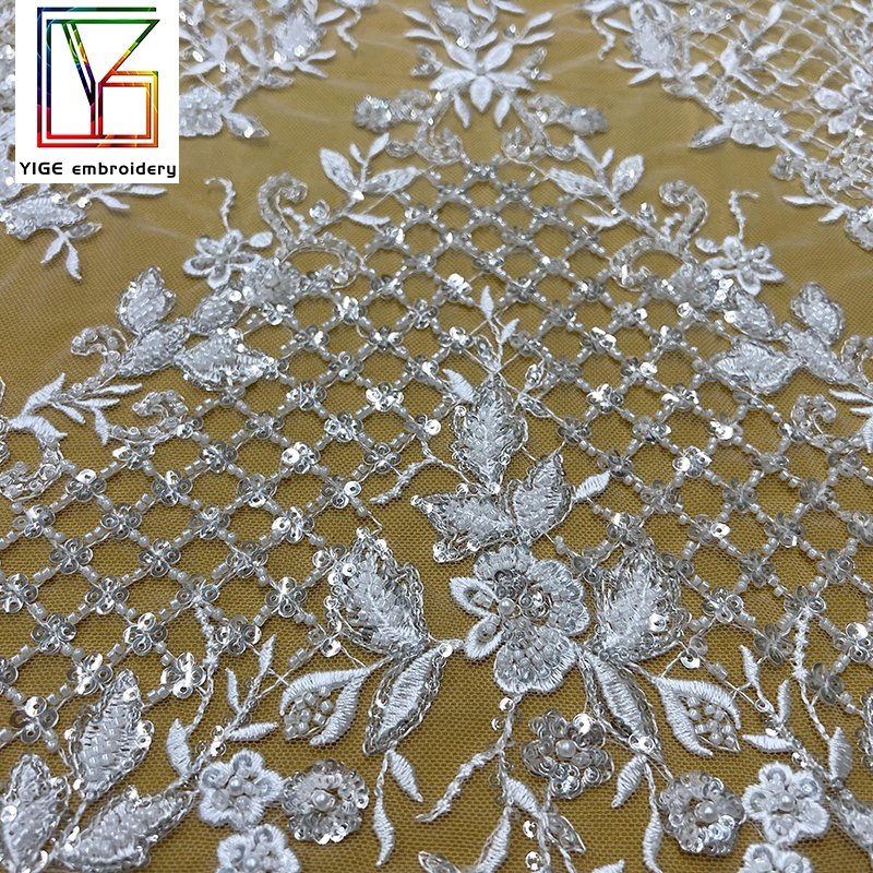 luxury french beads sequins fabric bridal white embroidery pearl lace weddings tulle dress beaded lace sequin fabric
