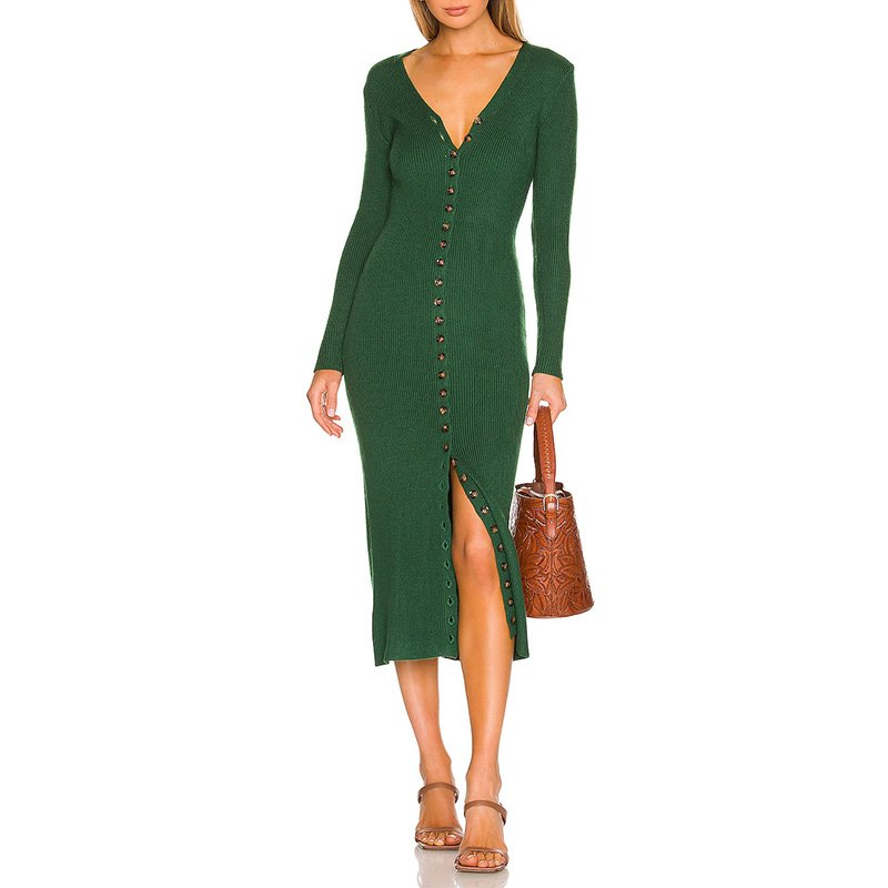 High Quality Elegant Casual Dresses Long Sexy Rib Bodycon Knit Sweater Button Dress For Women