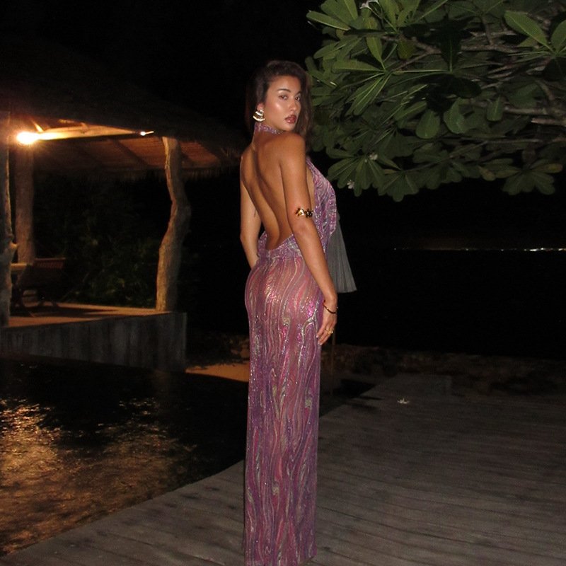 Peeqi K24D51876 fashion 2024 new summer streetwear print color sleeveless backless hollow slim dress sexy maxi dress women lady