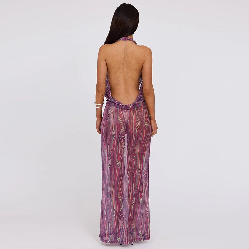 Peeqi K24D51876 fashion 2024 new summer streetwear print color sleeveless backless hollow slim dress sexy maxi dress women lady