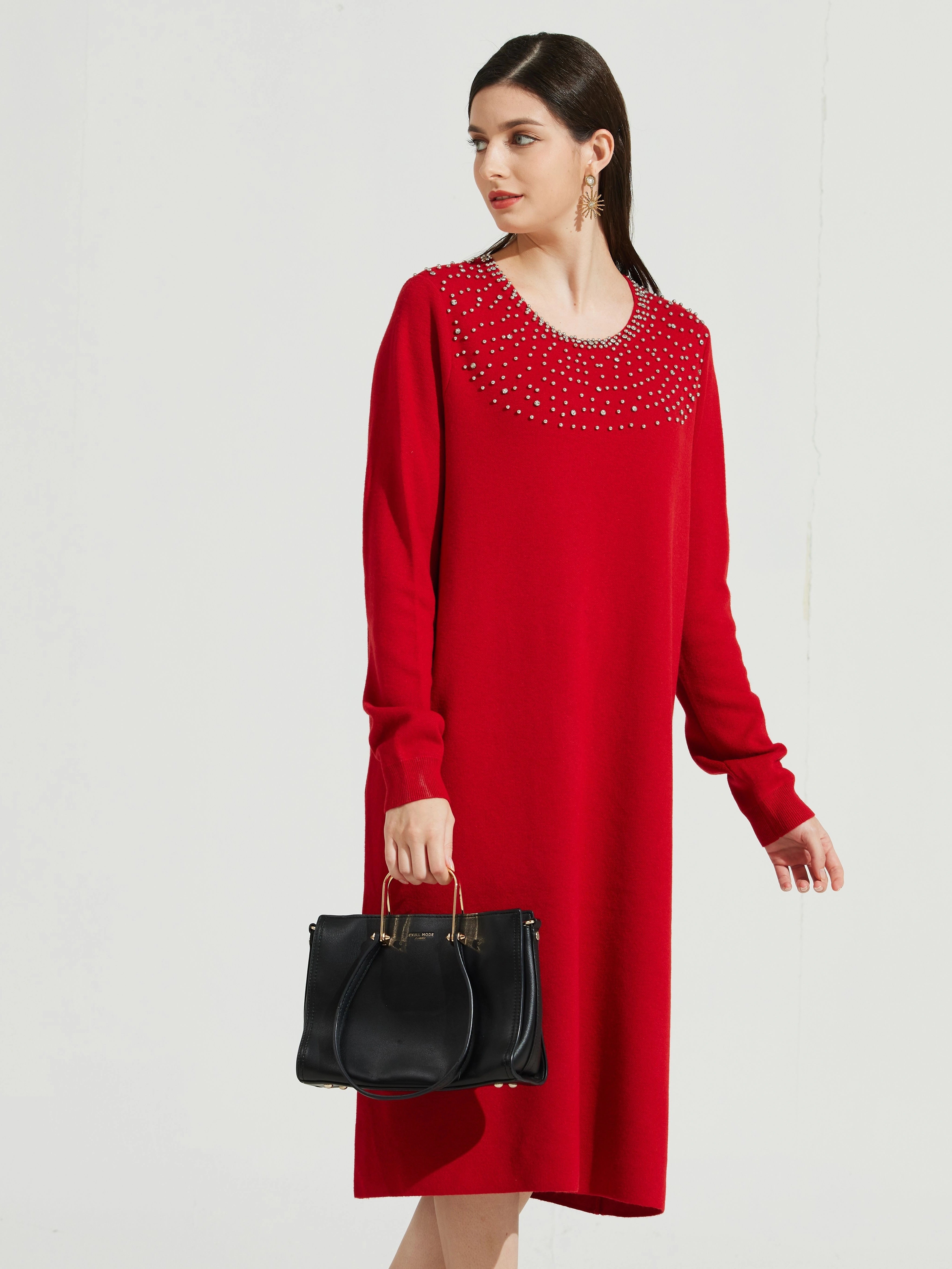 Custom High Quality Casual Cowl Neck Sweater Dress Women'S Ribbed Knitwear With Embroidery