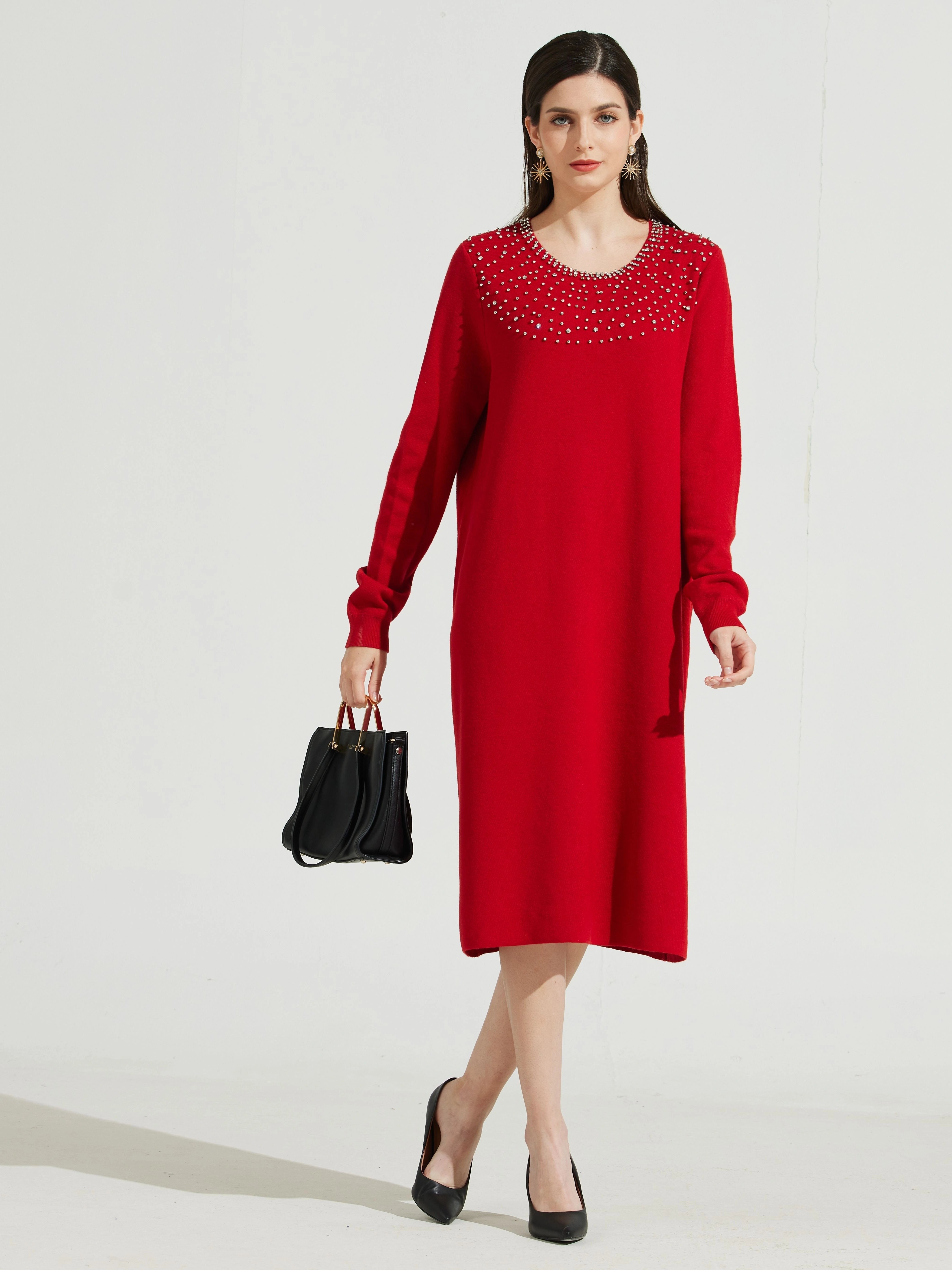 Custom High Quality Casual Cowl Neck Sweater Dress Women'S Ribbed Knitwear With Embroidery