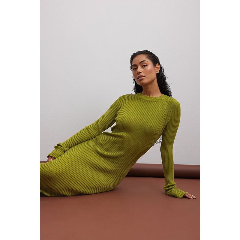Customized round neck long sleeved knit dress autumn casual midi women's ribbed knit dress