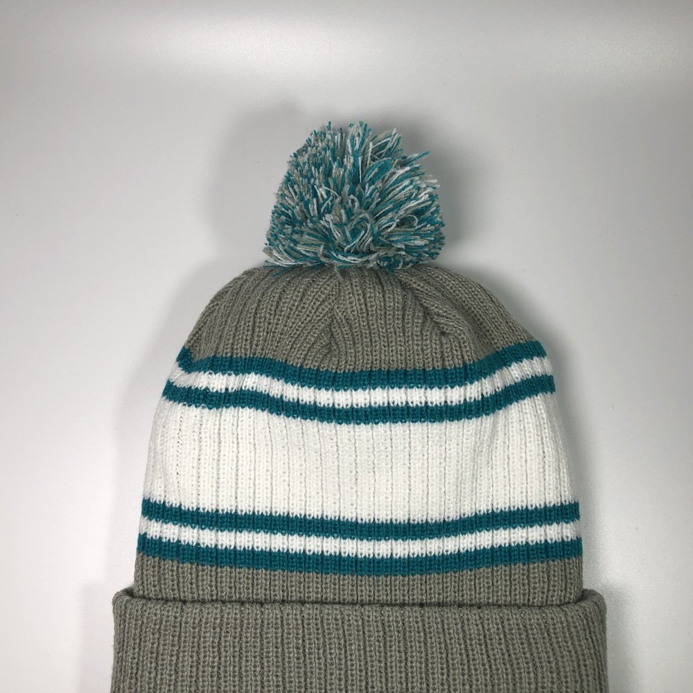 Adults warm knitted ribbed bobble hats Custom beanie pom pom with 3d raised embroidery logo High quality men grey stripe toque