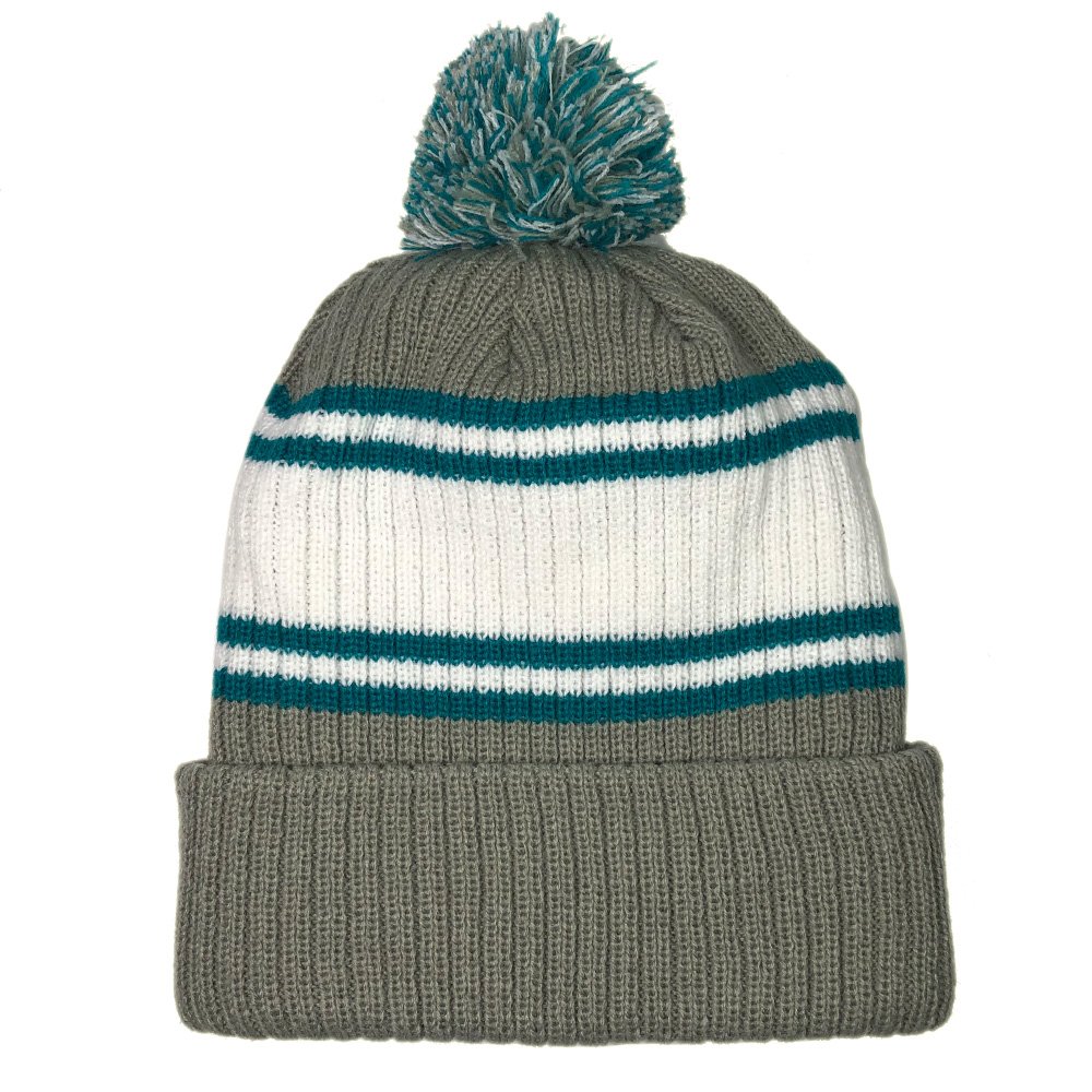 Adults warm knitted ribbed bobble hats Custom beanie pom pom with 3d raised embroidery logo High quality men grey stripe toque