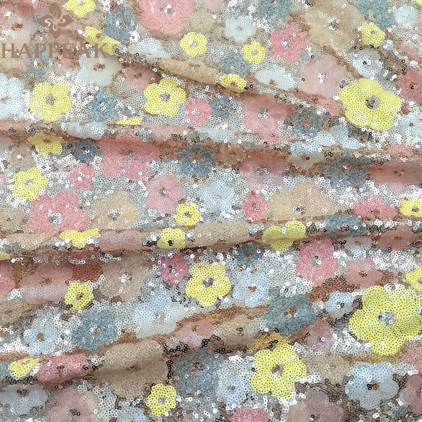 HAPPEAK embroidery flower lace glitter sequin bead net fabric for party dress