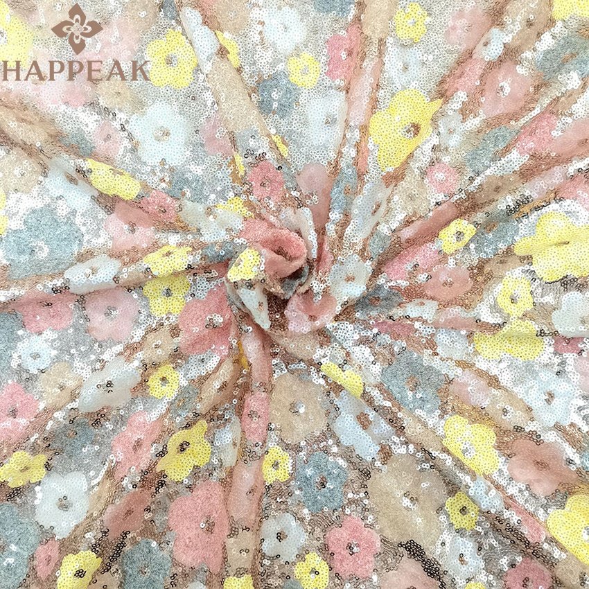HAPPEAK embroidery flower lace glitter sequin bead net fabric for party dress