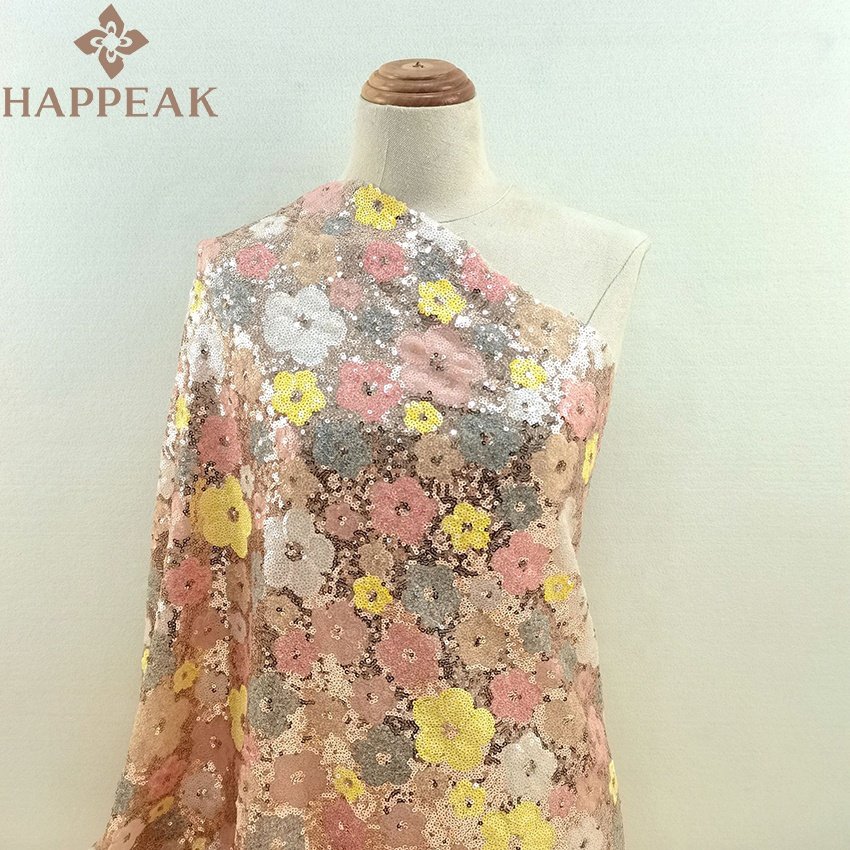 HAPPEAK embroidery flower lace glitter sequin bead net fabric for party dress