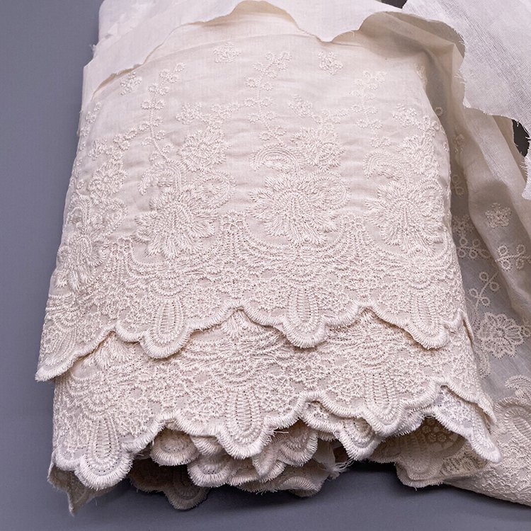 Embroidered 22cm Wide Chinese Landscape Painting Style Cotton Lace nature color and white color in Stock 15 Yards Minimum Order