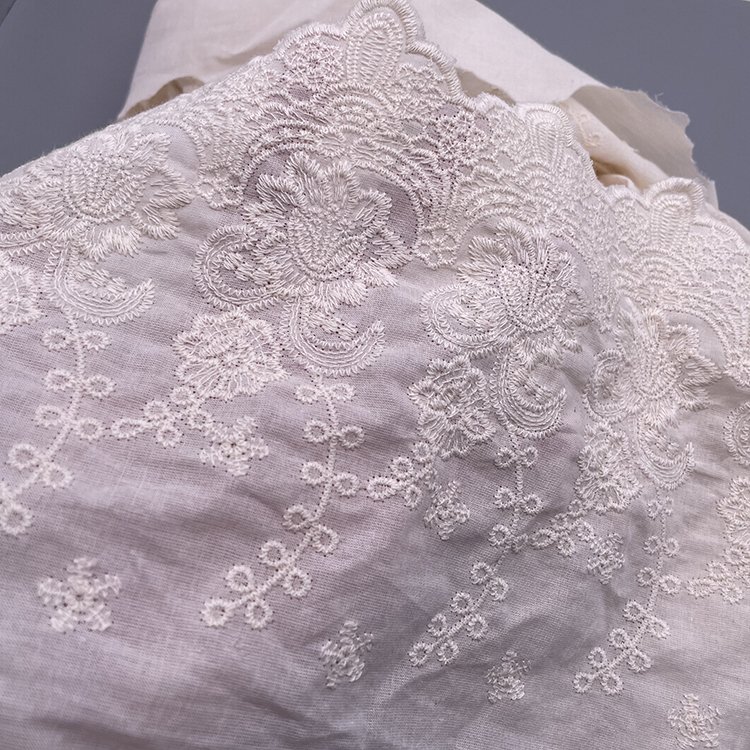 Embroidered 22cm Wide Chinese Landscape Painting Style Cotton Lace nature color and white color in Stock 15 Yards Minimum Order