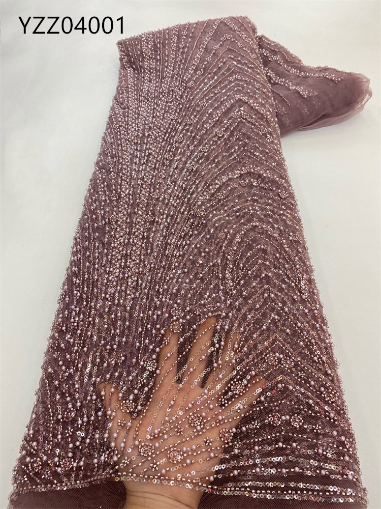 Elegant Pearls Beaded Lace Fabrics With Sequins Heavy Embroidery French Tulle Net Lace For Wedding Bridal Dress