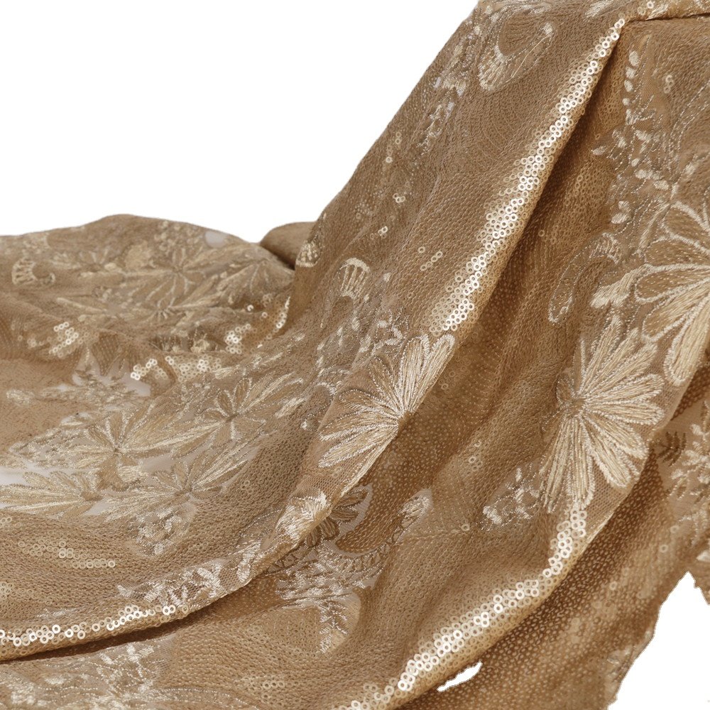 luxury polyester embroidery handbags fabric, beads sequins embroidered bridal fabric for evening dresses/