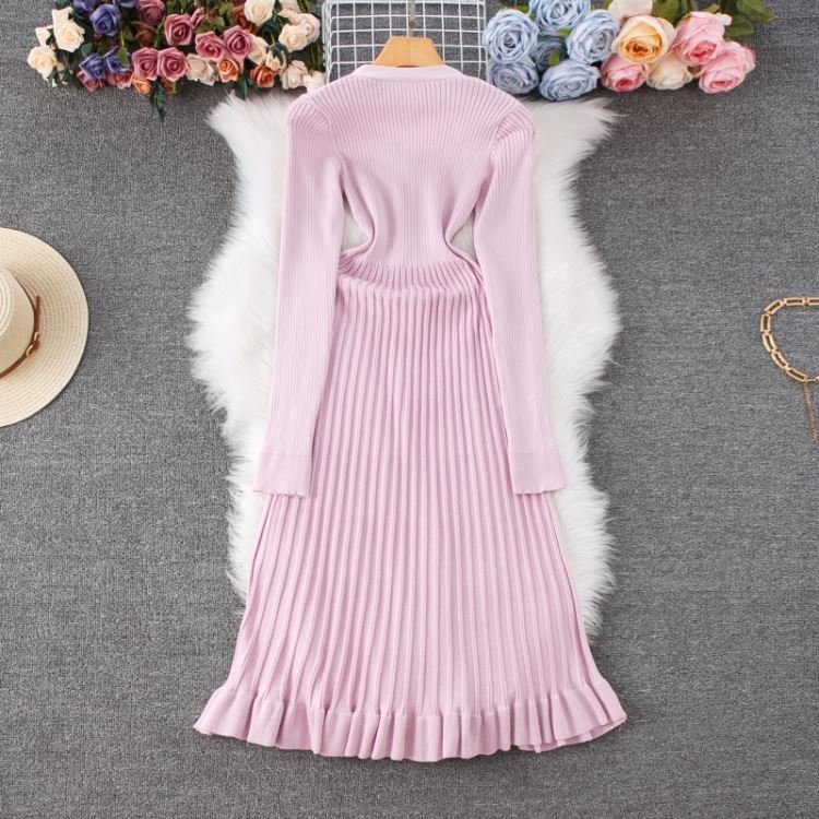 Women's Elegant Long Sleeve Casual Pullover Dress Autumn Ribbed Knitted Outwear with Buttons in Fronts Elastic Waist for Winter