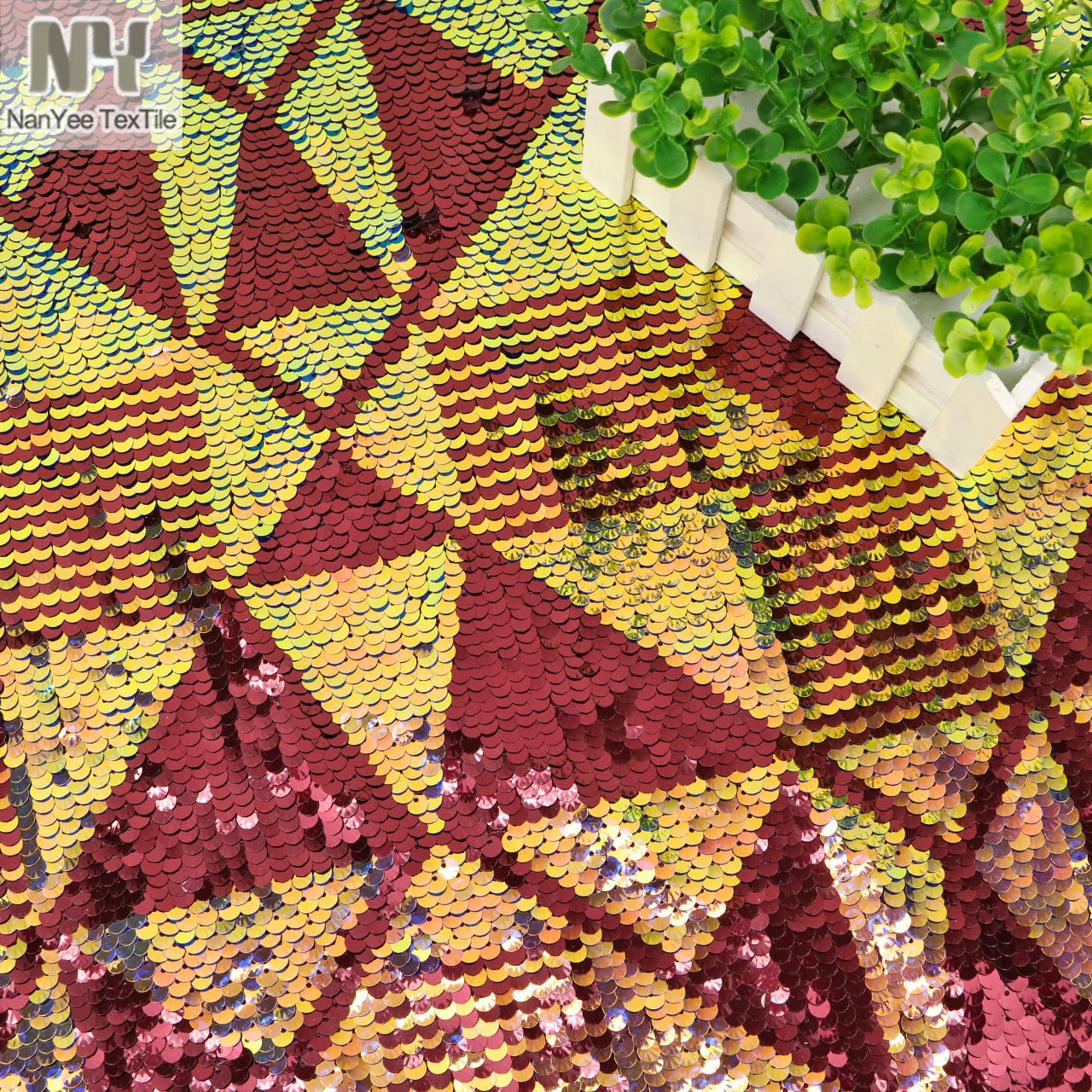 Tribal Geometric Unicorn Copper Iridescent Embroidered Sequin Lace Fabric