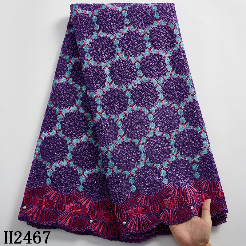 2467 Newest African Swiss Voile Lace Fabric With stones French Purple Embroidery Cotton Lace For Nigerian Wedding Dress Fabric