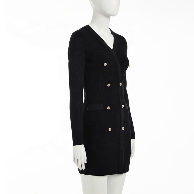 Knitwear manufacturers newly designed black v neck long sleeved ribbed knitted women's sweater dress