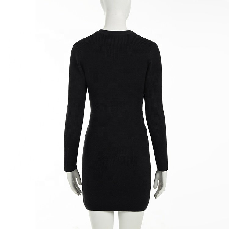 Knitwear manufacturers newly designed black v neck long sleeved ribbed knitted women's sweater dress