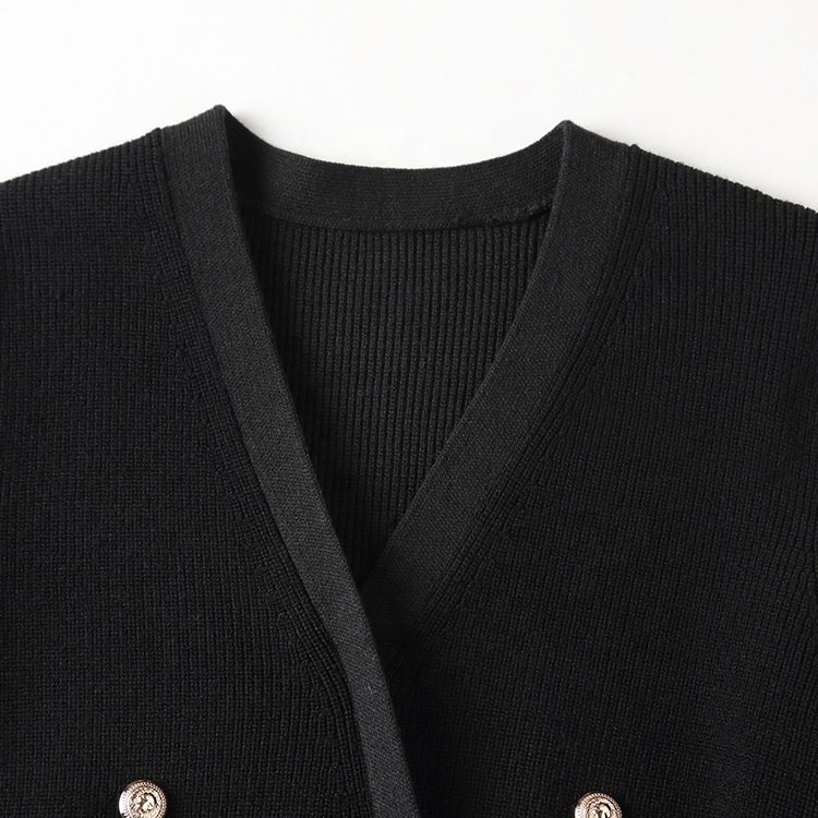 Knitwear manufacturers newly designed black v neck long sleeved ribbed knitted women's sweater dress
