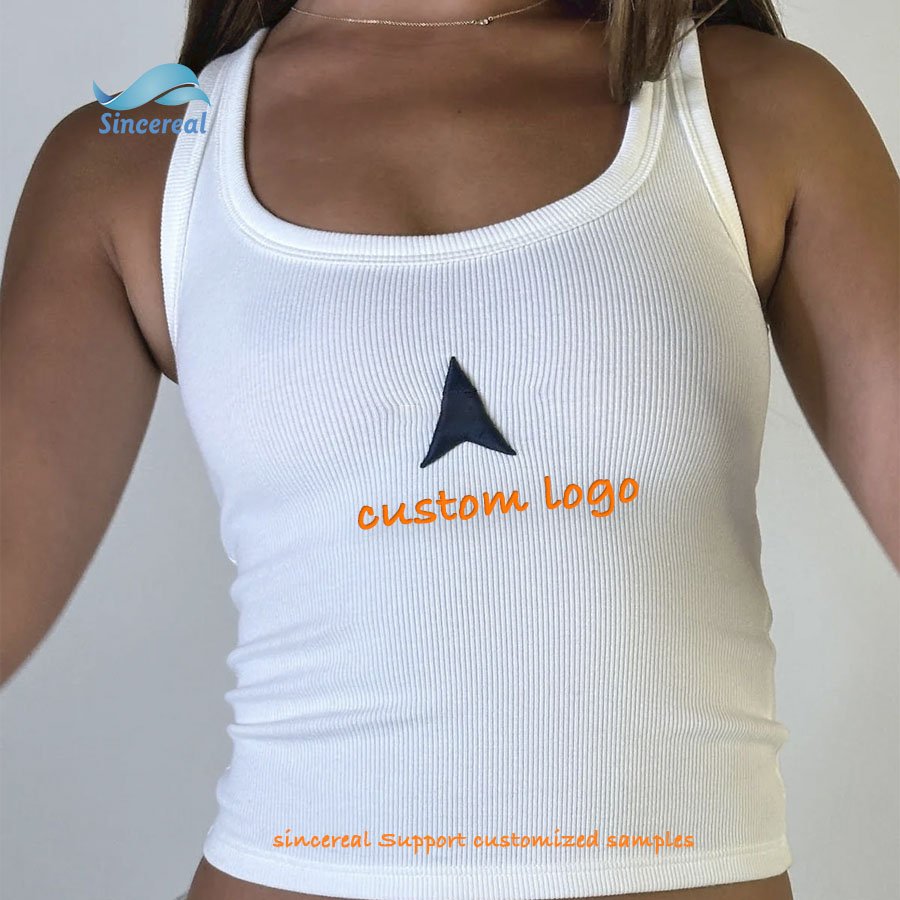 Custom embroidery logo y2k vintage casual sexy basic knit rib sports summer sleeveless tshirt lady women crop tank top