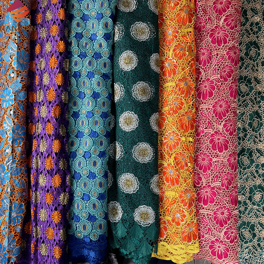 Wholesale Price African Cord Lace Fabric Mixcolor Sequin Embroidery Nigerian Guipure Cord Lace Fabric For Wedding Party Dress