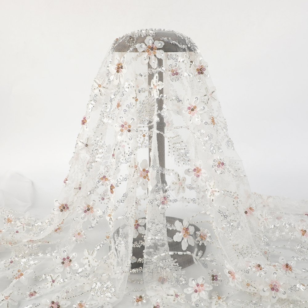 New Design Good Quality Plant Flower Tulle Lace Sequin Embroidery Fabric Bead Ring Shape Sequins