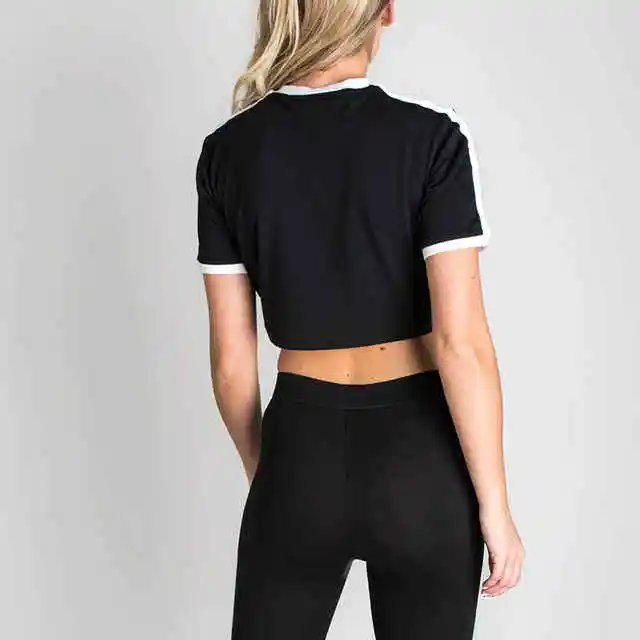 WB059T Ladies short sleeve Rib Contrast trim Tee ringer Cotton Spandex t shirts slim fitted t shirts Womens crop top