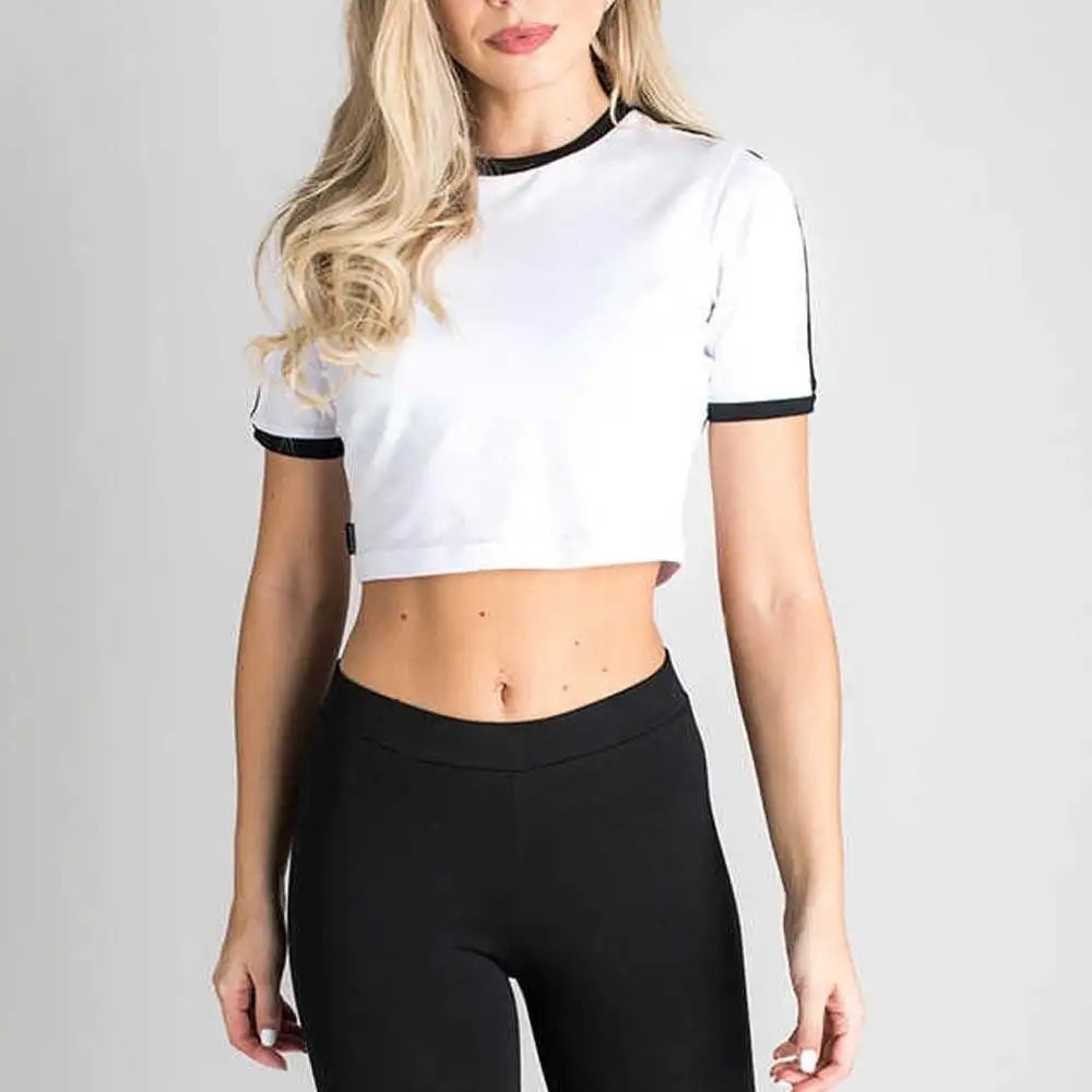 WB059T Ladies short sleeve Rib Contrast trim Tee ringer Cotton Spandex t shirts slim fitted t shirts Womens crop top