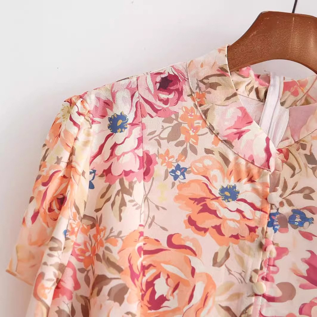 Foreign trade 2024 Europe and the United States spring new fashion temperament round neck long sleeve floral waist belt dress