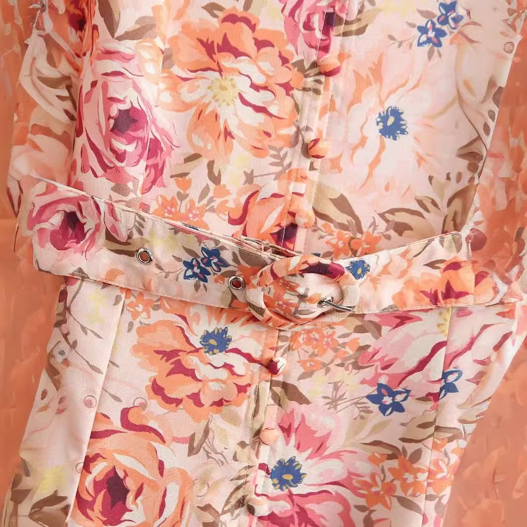 Foreign trade 2024 Europe and the United States spring new fashion temperament round neck long sleeve floral waist belt dress