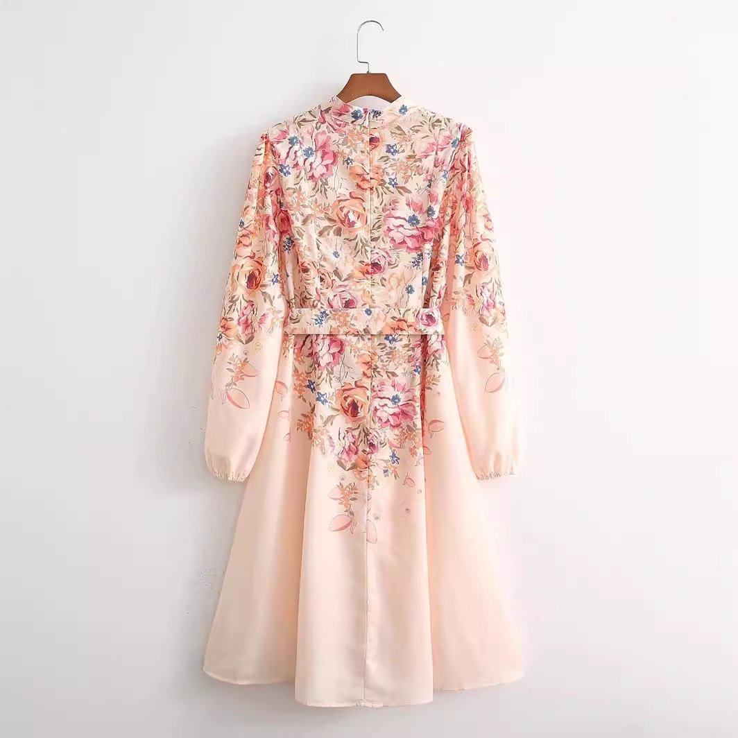 Foreign trade 2024 Europe and the United States spring new fashion temperament round neck long sleeve floral waist belt dress
