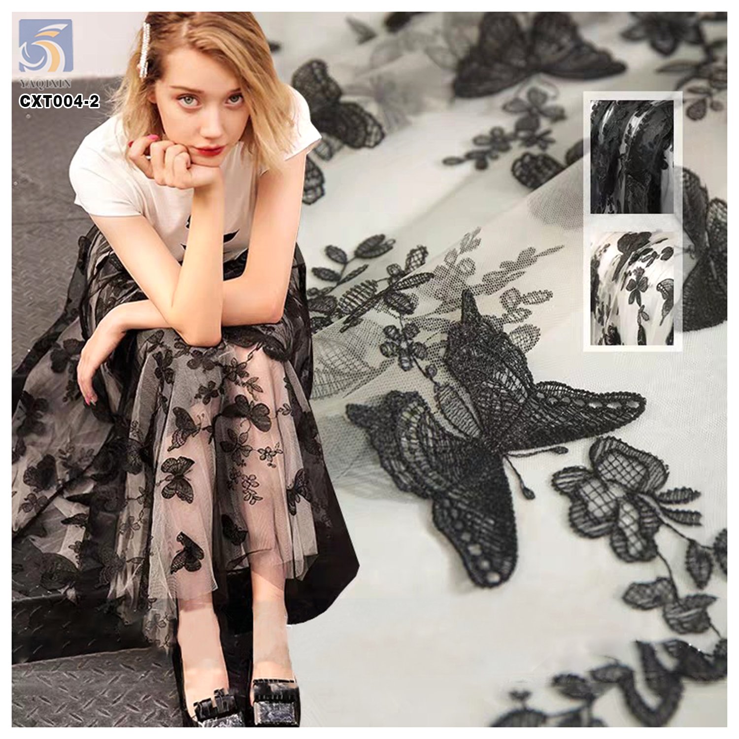 CXT004-2 High End Embroidery Fabric 100% Polyester Tulle Lace 3D Large Butterfly Embroidery Fabric