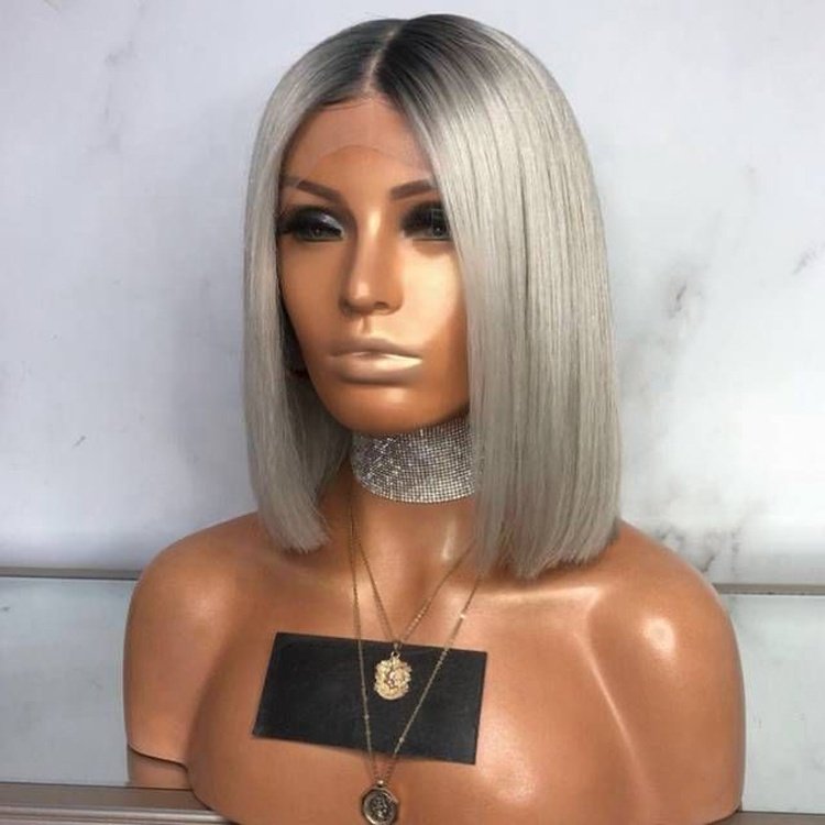 Short Bob Lace Front Wig Pre Plucked Silver Grey Color Brazilian Straight Human Hair Wigs Black Root