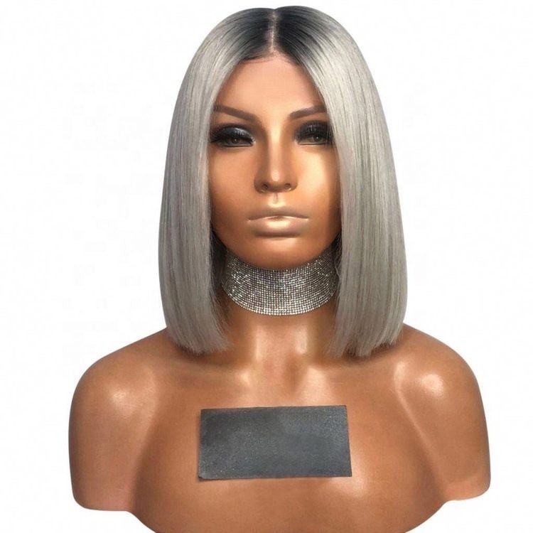 Short Bob Lace Front Wig Pre Plucked Silver Grey Color Brazilian Straight Human Hair Wigs Black Root