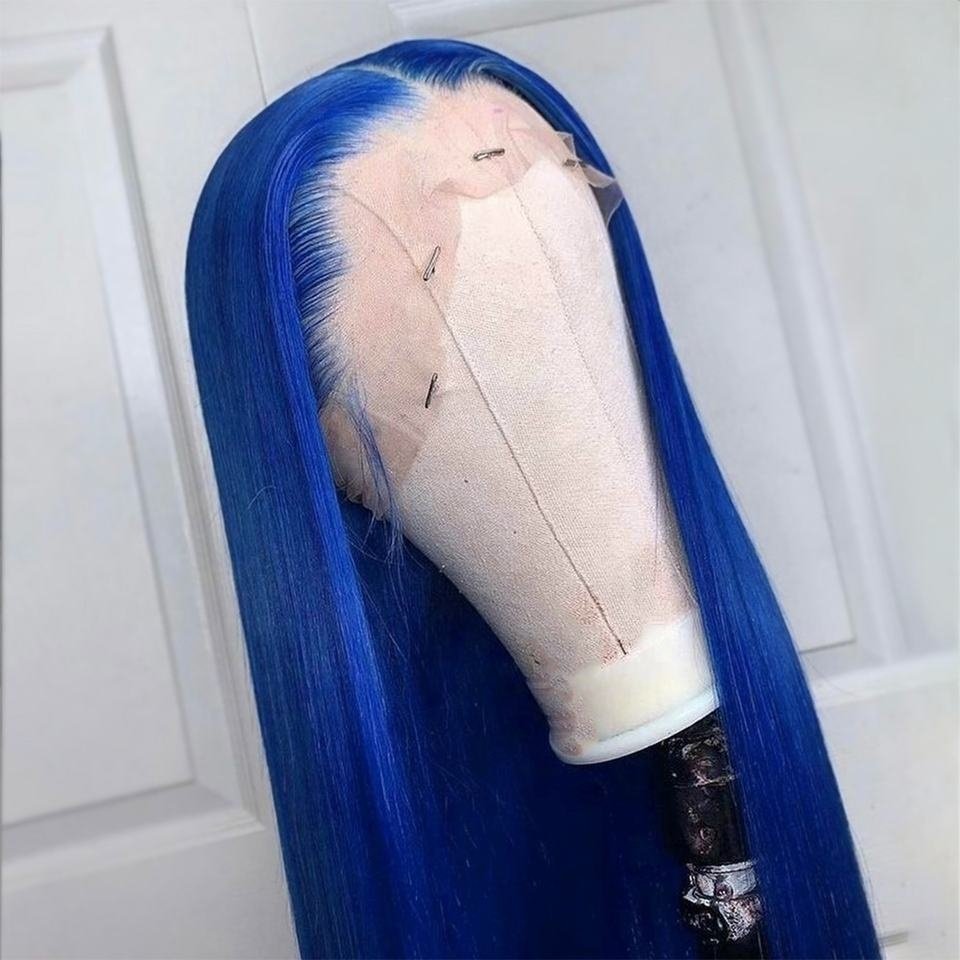 Highknight Transparent Lace Frontal Wig Blue Color Bone Straight 100% Brazilian Human Hair Pre Pluck Lace Wig For Black Women
