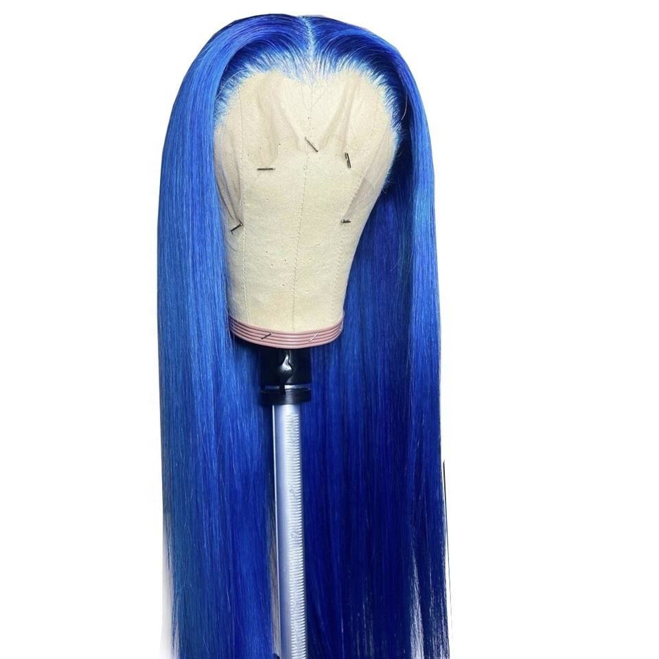 Highknight Transparent Lace Frontal Wig Blue Color Bone Straight 100% Brazilian Human Hair Pre Pluck Lace Wig For Black Women