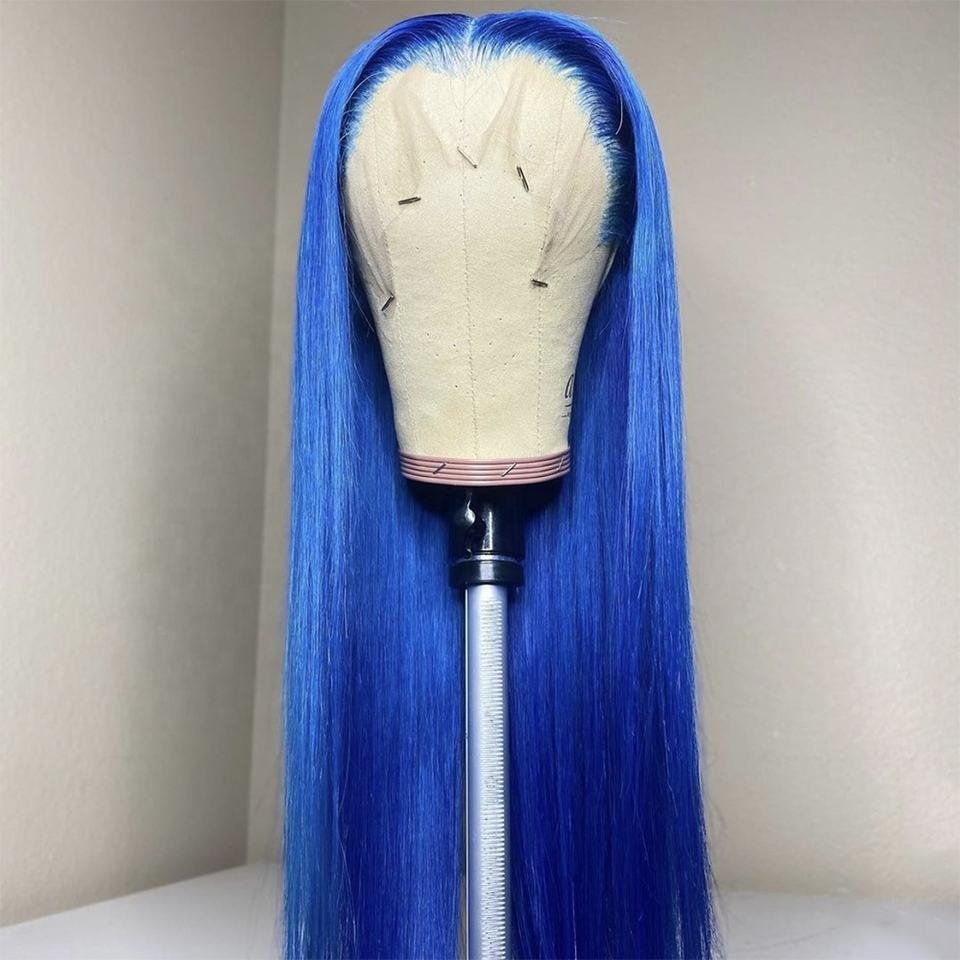 Highknight Transparent Lace Frontal Wig Blue Color Bone Straight 100% Brazilian Human Hair Pre Pluck Lace Wig For Black Women