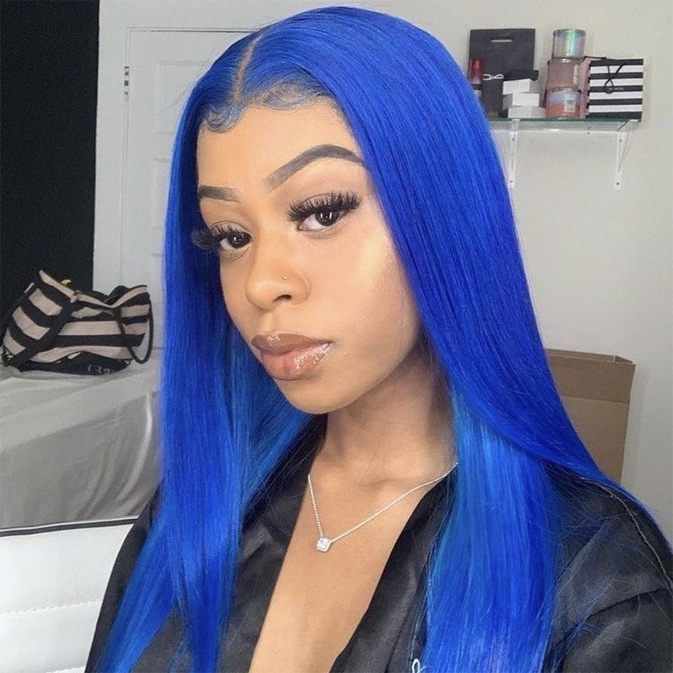 Highknight Transparent Lace Frontal Wig Blue Color Bone Straight 100% Brazilian Human Hair Pre Pluck Lace Wig For Black Women