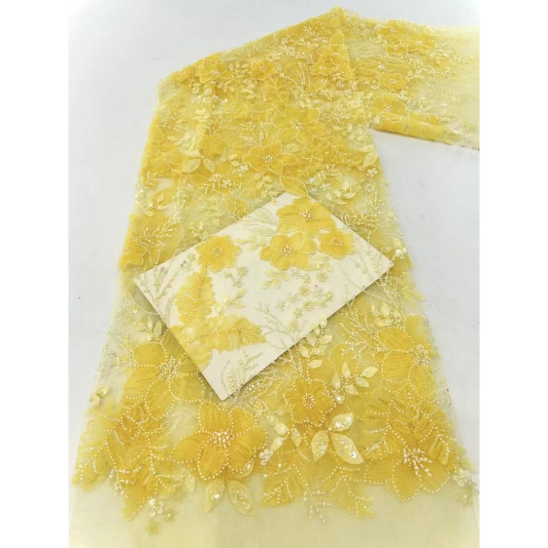 Latest Sequin Lace African Lace Fabric Multi Sequins Embroidery Fabric Bridals Luxury Yellow Beaded Tulle Fabric For Ladies Wedd