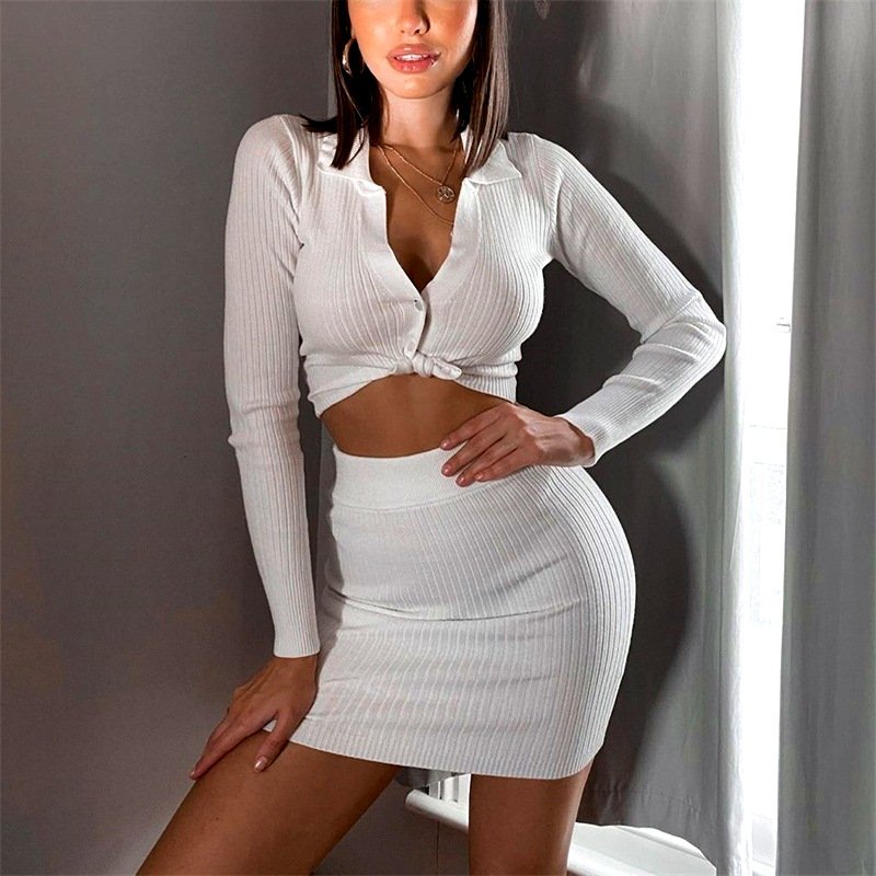 Knitting Ribbed Fashion Women Two Piece Sets autumn long Sleeve Casual Bodycon Outfits Button Crop Top And Skirt Set