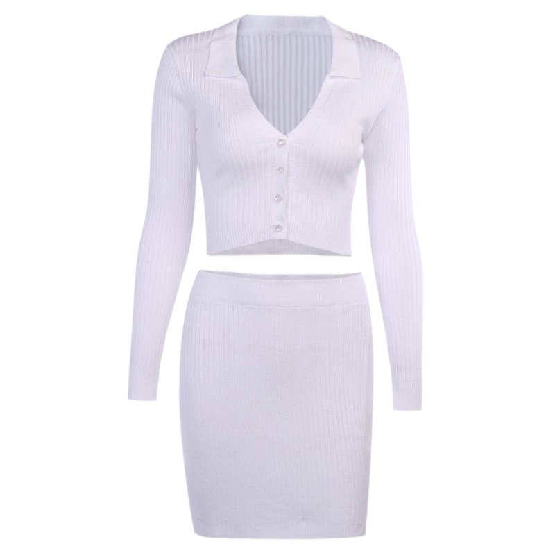 Knitting Ribbed Fashion Women Two Piece Sets autumn long Sleeve Casual Bodycon Outfits Button Crop Top And Skirt Set
