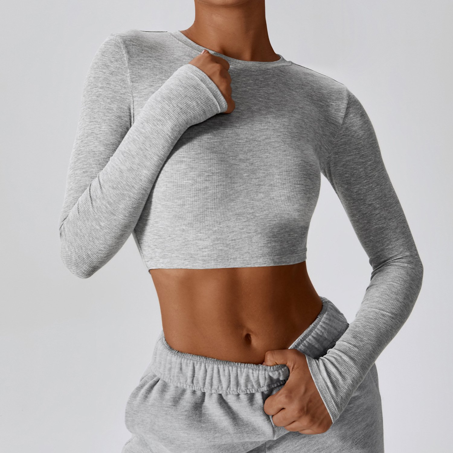 high quality joahs rayon spandex ribbed grey crew neck long sleeves crop top tshirt tee blank brown croptop clothing de mujer