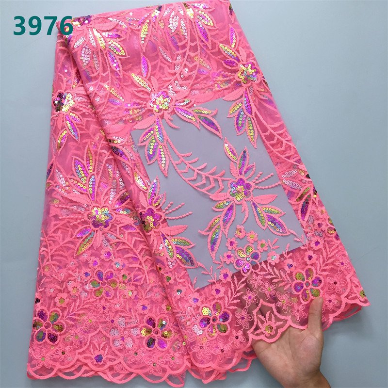 Wholesale African Tulle Lace Fabric with Sequins 2024 French Mesh Lace Fabric for Sewing Women Wedding Dresses 3976