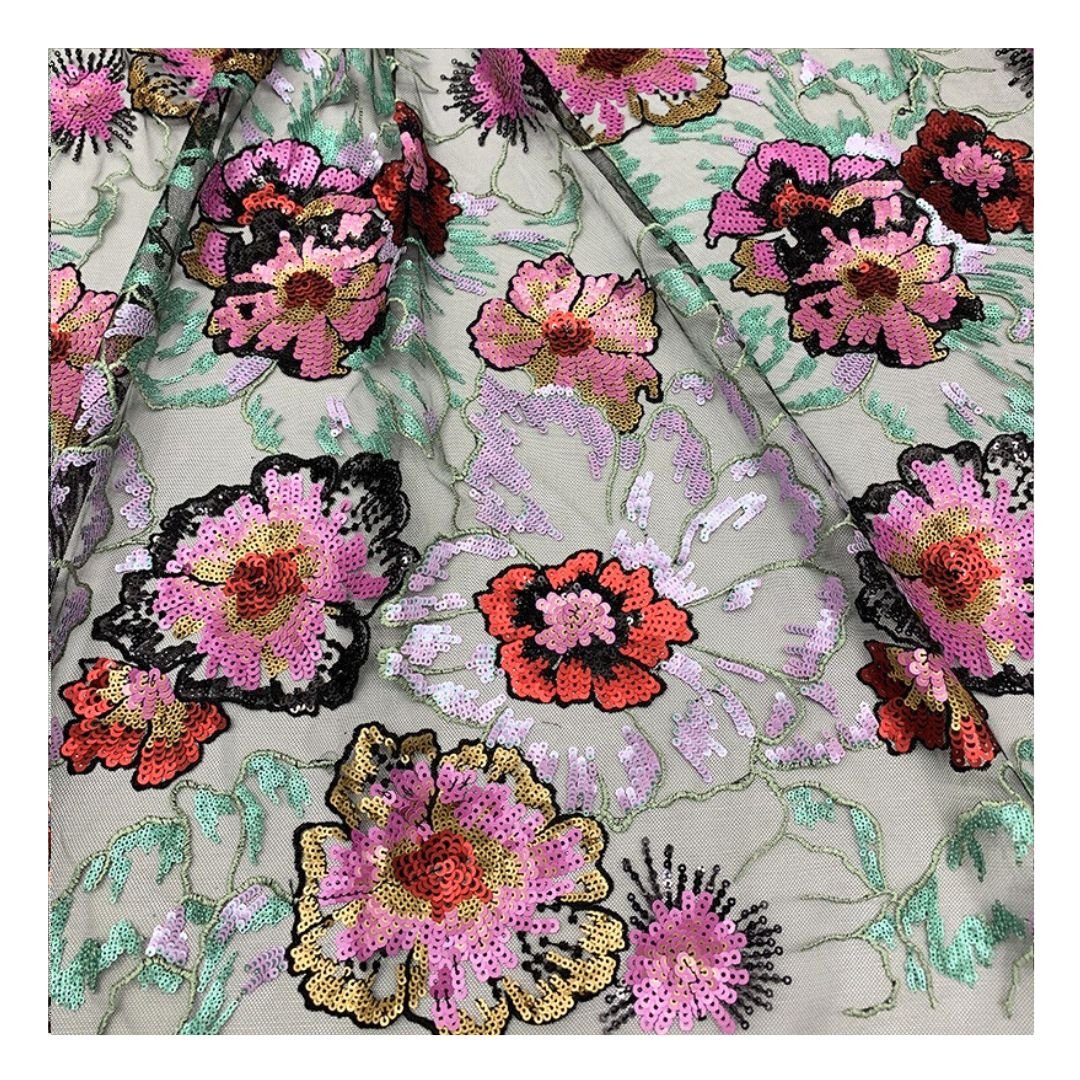 Hot Sale Popular Design Floral Sequin Embroidered Tulle Lace Fabric for Women Dress LP22091302