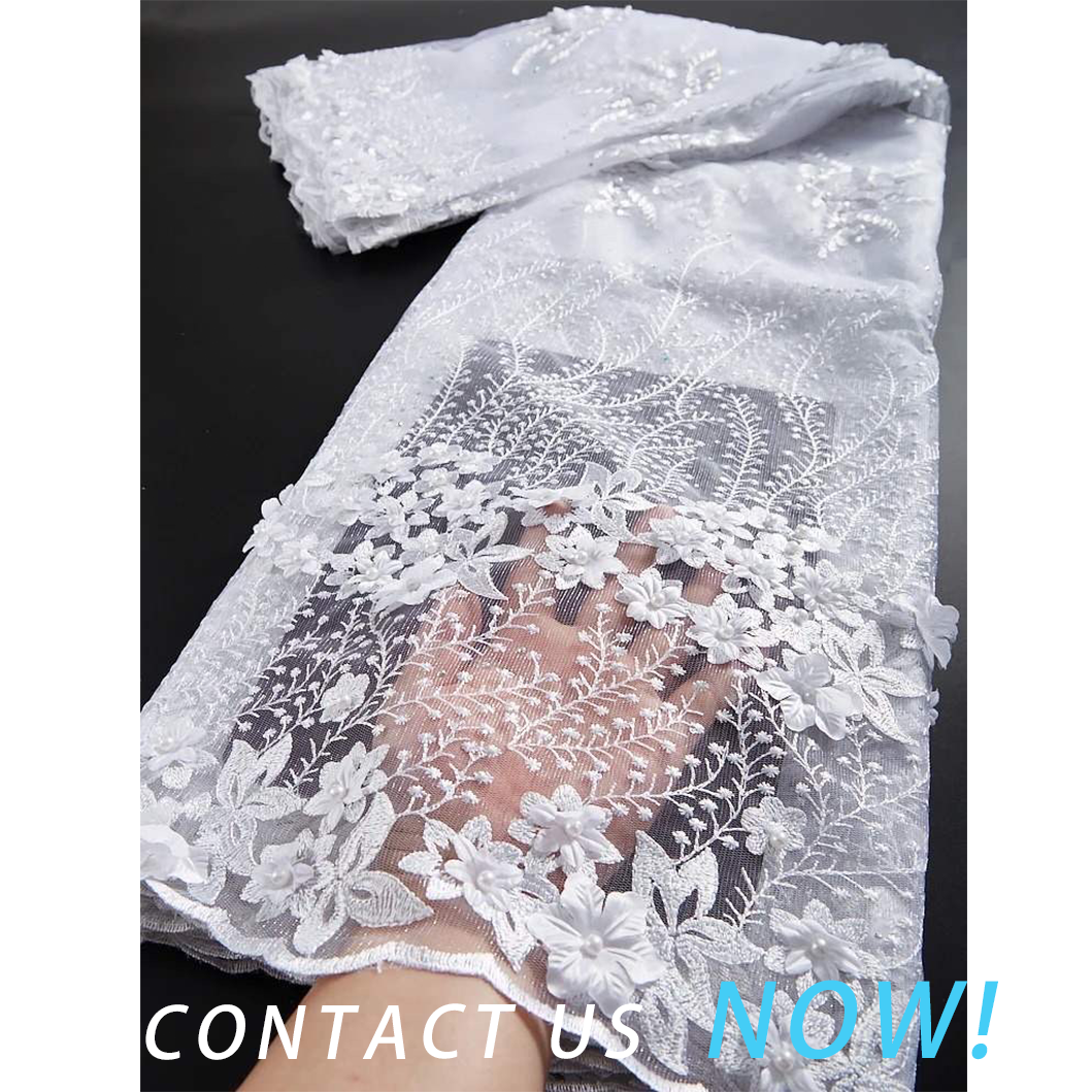 Wholesale African Wedding Dresses Lace Embroidery Shiny Sequins Beads Lace Fabrics with 3D Flower for Wedding Dress Wholesale