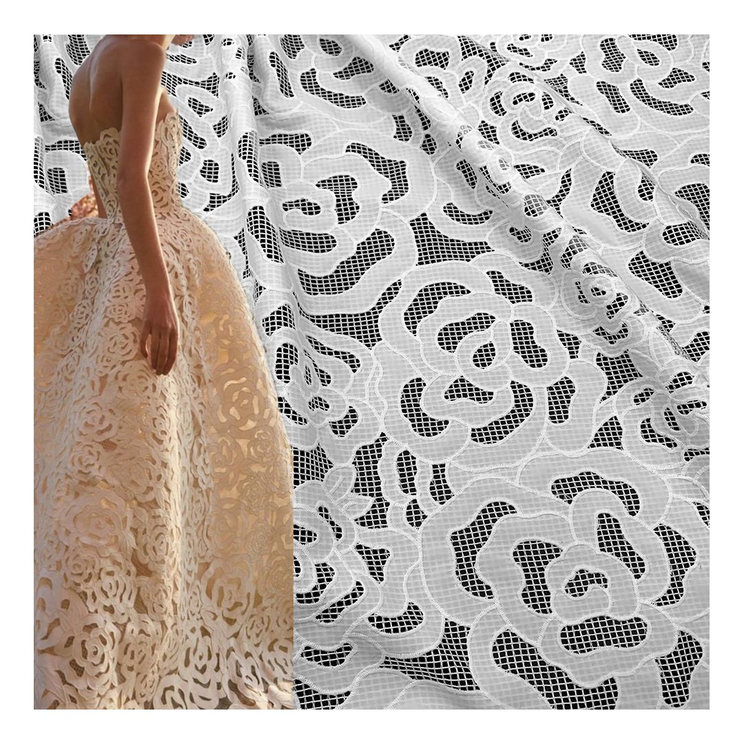High Quality Ivory White Floral Laser Cut Embroidered Lace Fabric for Women Dress SS230519-EMB01
