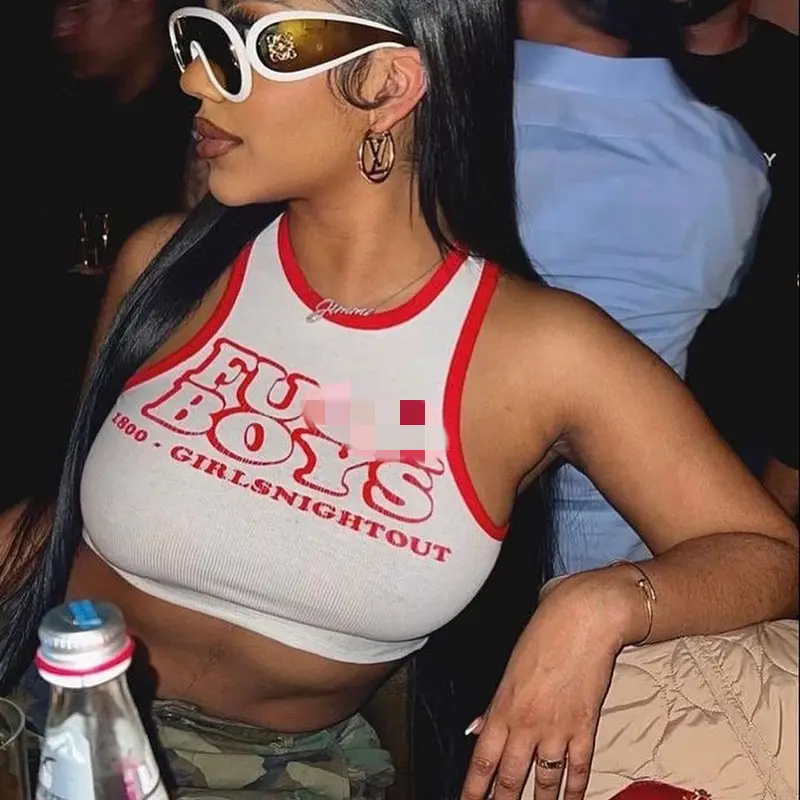 2023 Women Summer Fashion Letter Print Ribbed Tee Tops O Neck Sleeveless Cropped Vests
