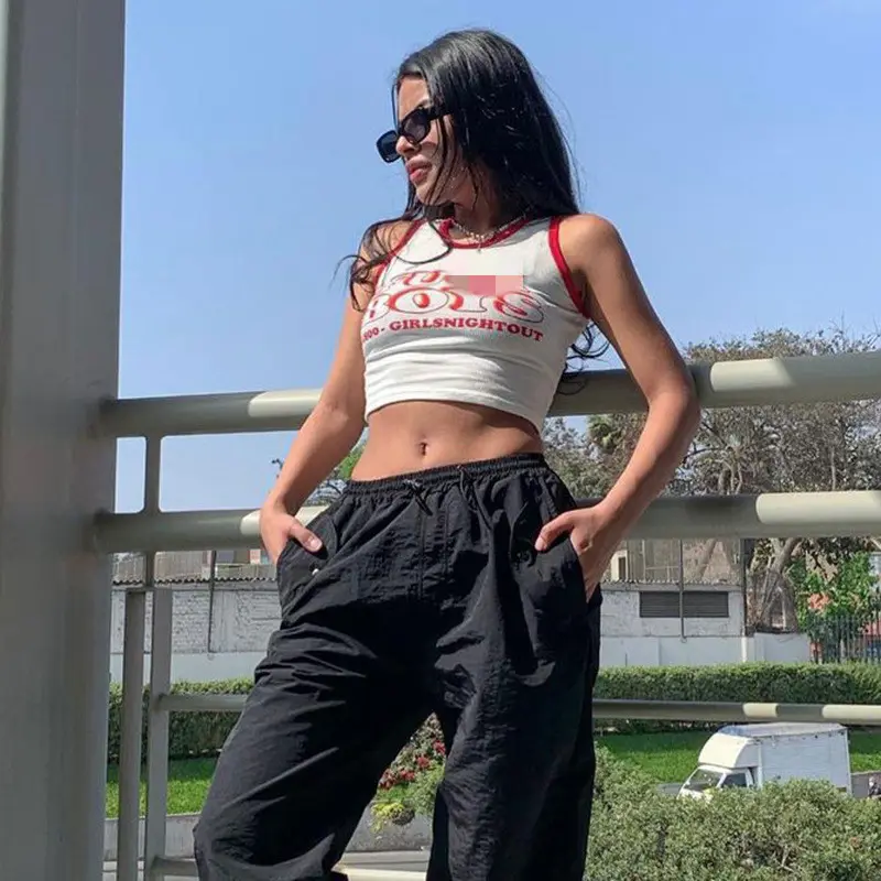 2023 Women Summer Fashion Letter Print Ribbed Tee Tops O Neck Sleeveless Cropped Vests