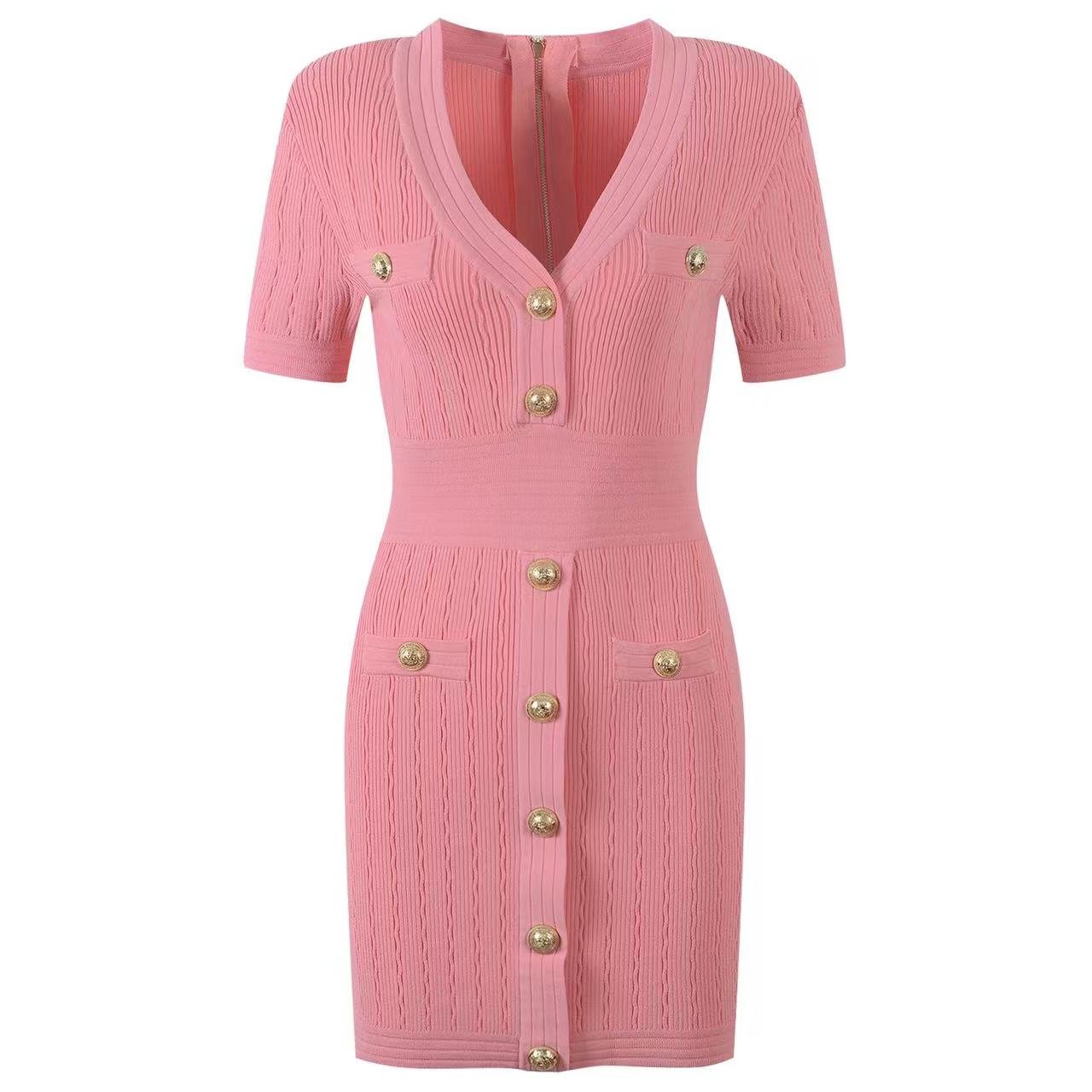 V-Neck Solid Casual Ribbed Knitting Dress with Pockets and Buttons Short Sleeve Summer Dress-for Spring